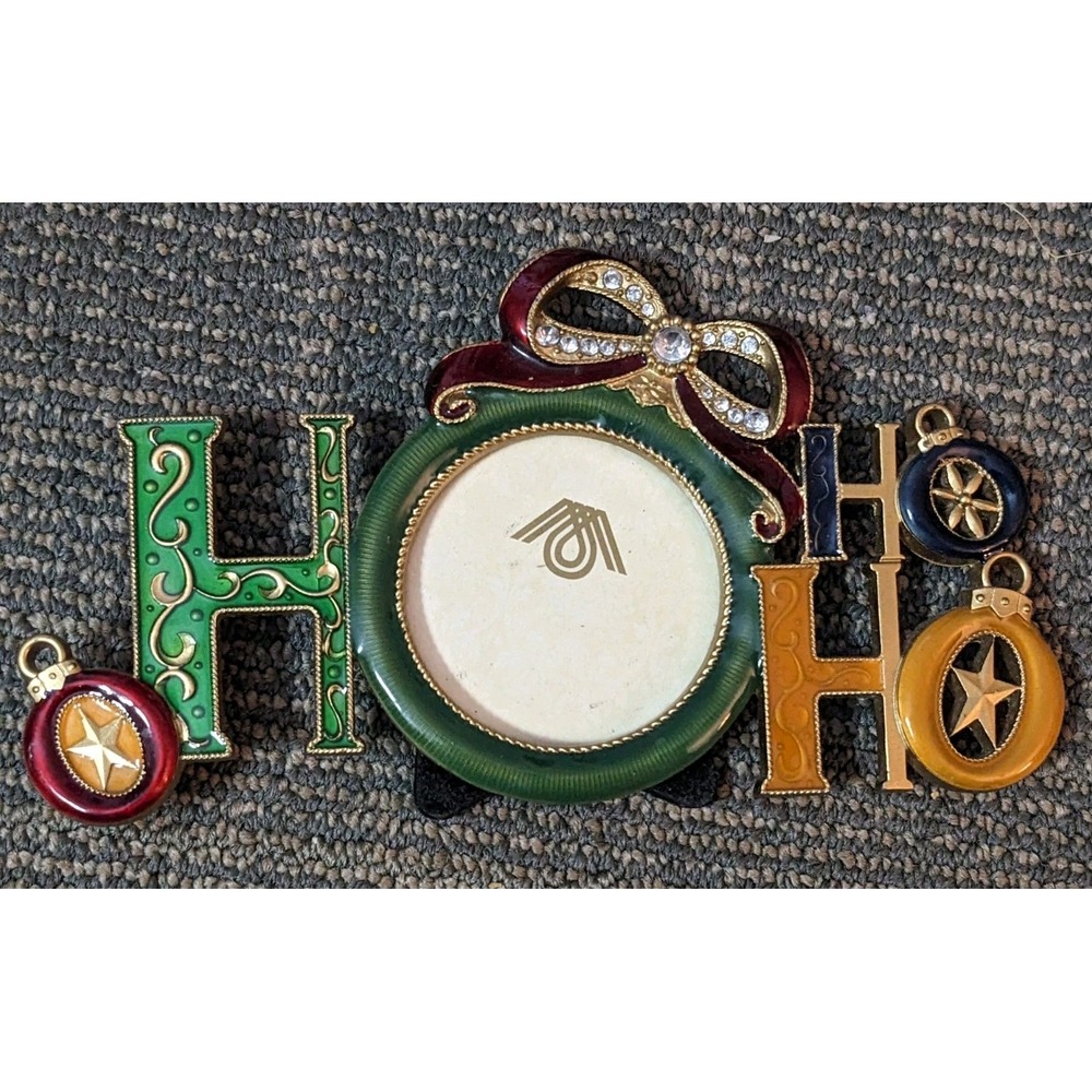 Ashleigh Manor Picture Frame Christmas Ornament Enamel Rhinestone Metal Ho Ho Ho